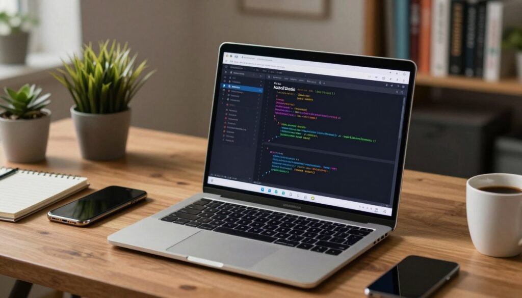 A detailed view of the Android Studio interface displayed on a modern laptop screen placed on a sleek, wooden desk. The foreground features a clear, illuminated screen showcasing a vibrant coding environment in Kotlin, including opened files, code snippets, and a project navigator. The middle layer includes a stylish laptop and various tech gadgets scattered around, such as a smartphone, notepad, and a coffee cup. In the background, a softly blurred office setting with potted plants and shelves filled with programming books adds depth. Soft ambient lighting casts a warm glow, creating an inviting and focused atmosphere, suggesting a space conducive to coding and creativity, captured from a slightly elevated angle to emphasize the dynamic workspace.