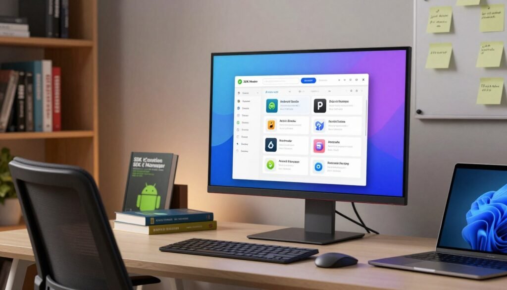 A modern and sleek workspace featuring the Android Studio SDK Manager interface displayed prominently on a high-resolution monitor. In the foreground, a comfortable office chair is angled towards the screen, with a stylish desk adorned with Android development resources like books and a laptop. The middle ground showcases the monitor with bright, vivid colors highlighting the SDK Manager, presenting various SDK tools and options for app development. In the background, soft ambient lighting enhances the professional atmosphere, with bookshelves filled with programming books and a planning board with sticky notes related to app development. The scene should evoke a sense of creativity and focus, designed for an inspiring environment for Kotlin developers.