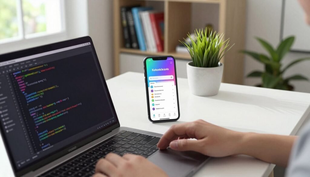 A modern, sleek workspace depicting a developer’s desk focused on Kotlin Android extensions. In the foreground, a laptop screen displays colorful Kotlin code snippets and Android UI components, with a hand poised over the keyboard typing. In the middle, a stylish smartphone showcases a vibrant Kotlin-built app interface, with clean design elements emphasizing functionality. The background features a well-organized bookshelf filled with programming books and a potted plant, creating a fresh atmosphere. Natural light streams in through a large window, casting soft shadows. The mood is focused and inspiring, embodying creativity and innovation in app development. The scene is captured from a slightly elevated angle, providing a dynamic perspective without capturing any people.