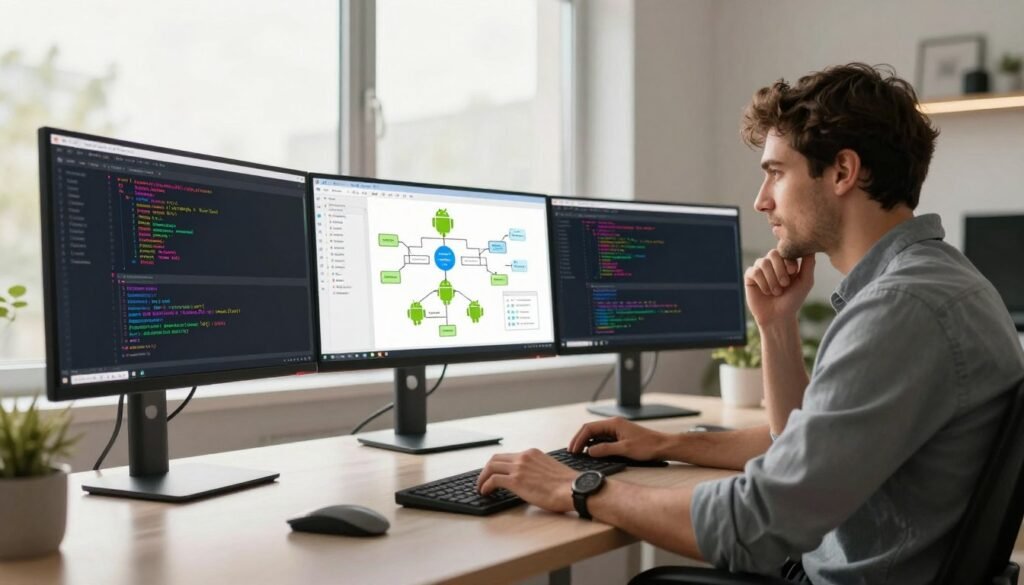 A modern workspace featuring a sleek, futuristic desk with multiple monitors displaying colorful code snippets and app logic diagrams for an Android application built in Kotlin. In the foreground, a professional developer, dressed in smart casual attire, is focused on coding, with a thoughtful expression. In the middle ground, various Android application components are visualized, such as flowcharts, logic trees, and user interface elements, all interconnected, showcasing the app's functionality. The background includes a large window with natural light flooding the room, creating an inspiring atmosphere. The entire scene is captured with a warm, inviting glow, giving a sense of creativity and innovation in the realm of app development.