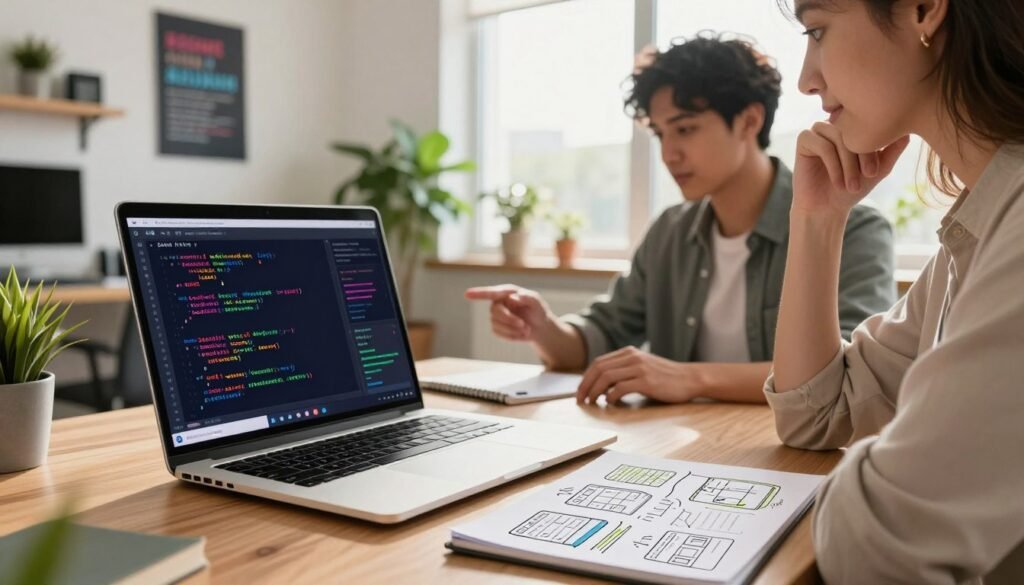 A modern workspace showcasing Android app optimization techniques. In the foreground, a sleek laptop is open, displaying colorful Kotlin code accompanied by vibrant graphs indicating performance metrics. Beside the laptop, a notepad with sketches of app interfaces and optimization strategies. In the middle, a professional-looking individual in smart casual attire examines the laptop screen, pondering over the strategies. The background features a cozy office environment, adorned with potted plants and motivational posters about technology. Soft natural lighting streams through a large window, casting a warm glow. The scene conveys focus, innovation, and a sense of accomplishment, ideal for understanding app building and optimization in a contemporary setting.