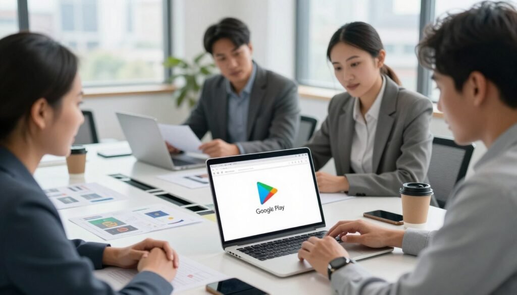 A professional setting depicting the process of publishing an Android app to the Google Play Store. In the foreground, a diverse group of three professionals focused on a laptop, showcasing an app interface on the screen, with the Google Play Store logo visible. The middle layer features a sleek conference table cluttered with design mockups, smartphones, and coffee cups, suggesting a collaborative atmosphere. In the background, a bright office environment with large windows allowing natural light to pour in, showcasing a cityscape. Soft, diffused lighting enhances the ambiance, creating a sense of positivity and productivity. The overall mood is one of innovation and teamwork, with individuals dressed in professional business attire, exuding a sense of determination and excitement.