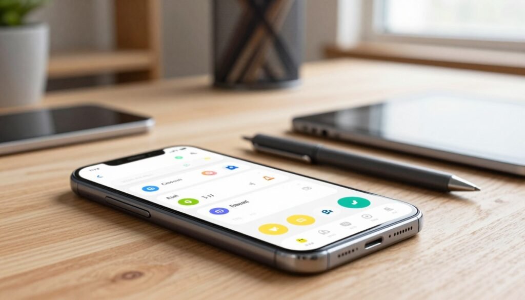 A sleek and modern Android user interface design displayed on a high-resolution smartphone screen. The foreground features a close-up of the UI showcasing vibrant colors, intuitive icons, and a clean layout with rounded corners. In the middle ground, the phone is elegantly presented on a minimalist wooden desk, accompanied by various design tools like a digital pen and a tablet. The background features a softly blurred workspace with warm, natural lighting streaming through a window, creating an inviting atmosphere. The overall mood is innovative and professional, emphasizing the practicality and creativity of designing an app’s user interface. The composition focuses on clarity and usability, highlighting key elements of the Android UI design process in an inspiring way.