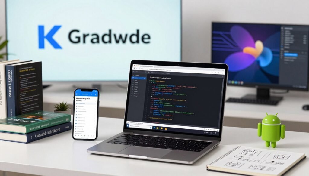 A visually engaging depiction of the Gradle Build System Basics in a tech-focused workspace. In the foreground, a sleek laptop displays a brightly lit screen showing Gradle code snippets, surrounded by modern programming books and a sleek Android device showcasing an app. In the middle ground, a well-organized desk with digital tools and a notepad with design sketches highlights the developing atmosphere. The background features abstract representations of Kotlin and Gradle logos with dynamic circuit patterns, symbolizing technology and coding. Soft, diffused lighting enhances the professional mood, while a slight depth of field creates an inviting focus on the laptop. The scene conveys innovation, creativity, and a vibrant environment for Android app development.