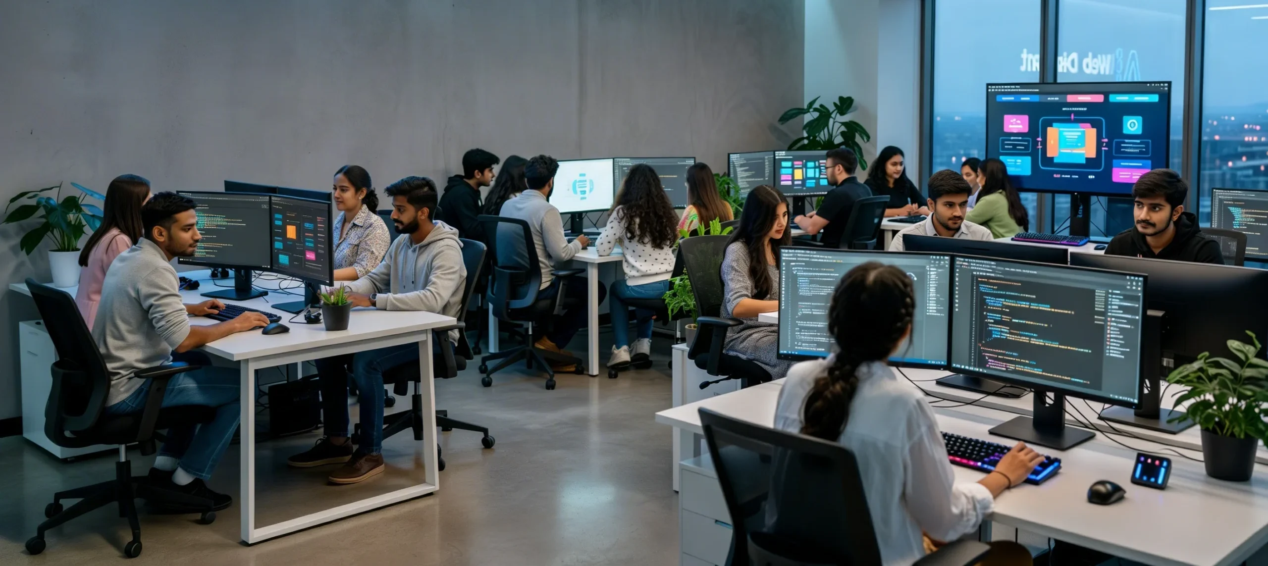 AI Web Design Studio - Dual Monitor Workstation Lab at VFX India Chennai
