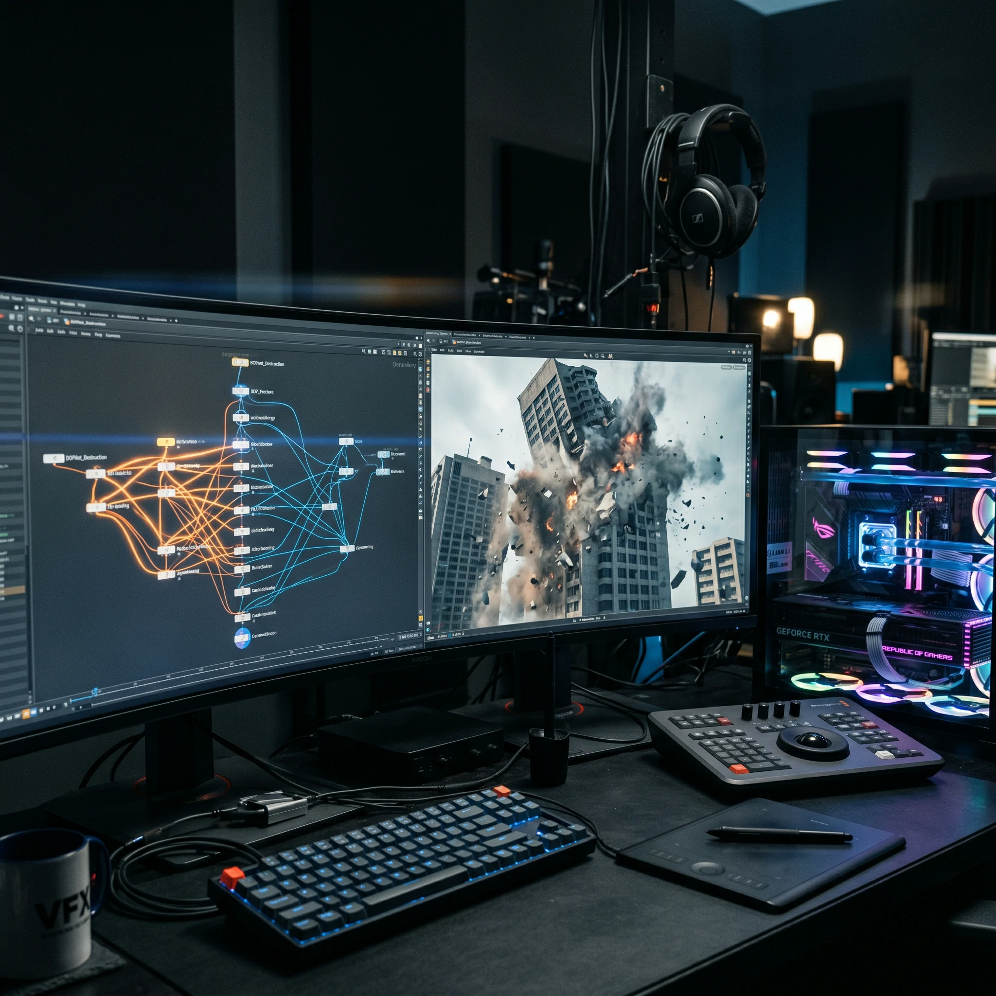 VFX Artist analyzing Procedural FX points on a 4K action sequence