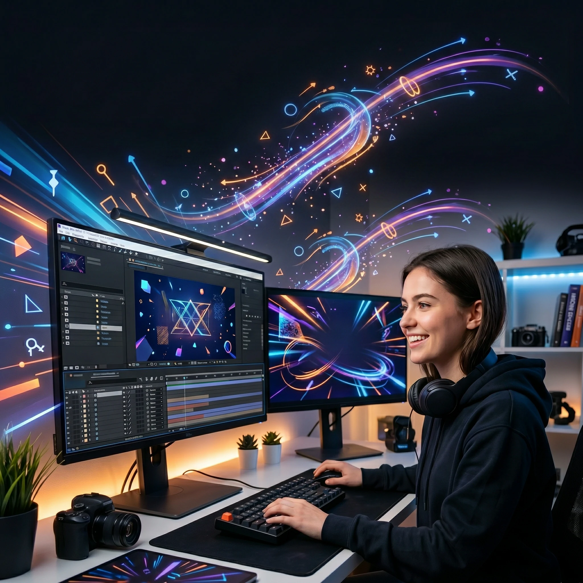 Motion Graphics Artist analyzing After Effects layers on a 4K sequence