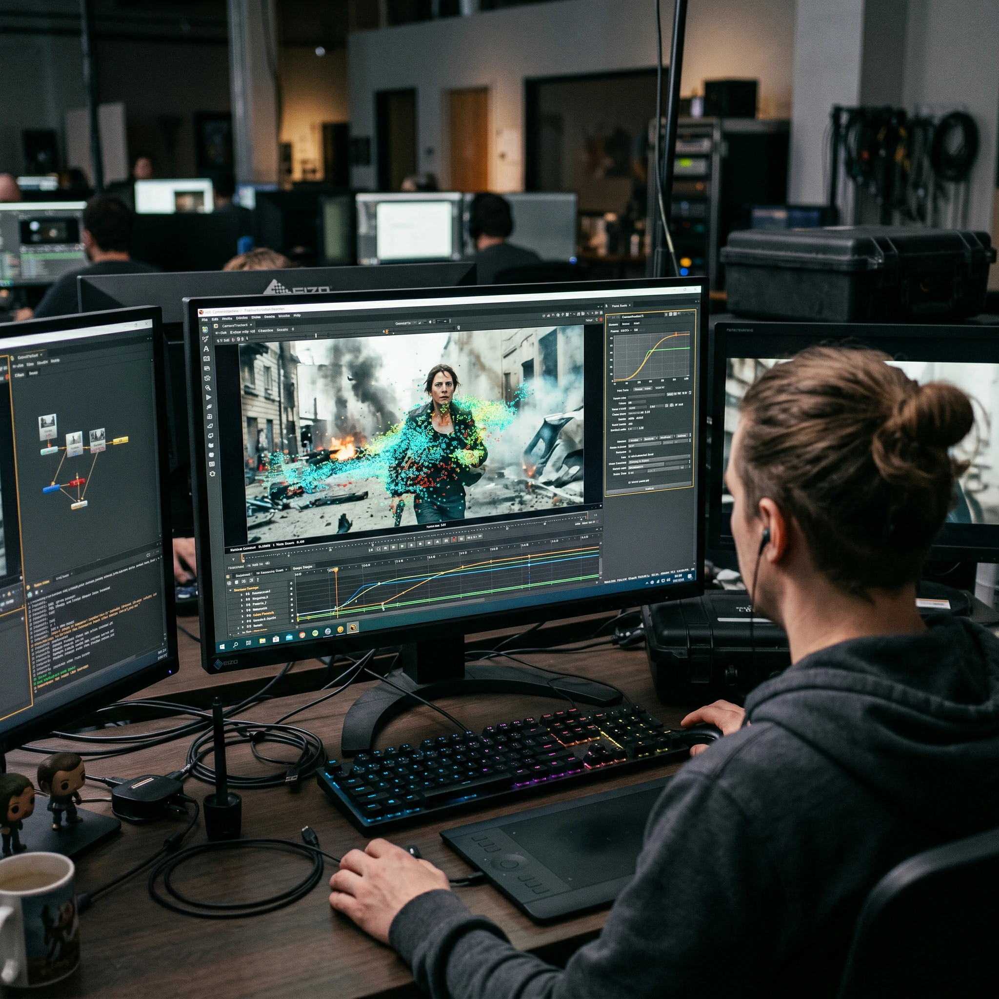 VFX Artist analyzing camera tracking points on a 4K action sequence